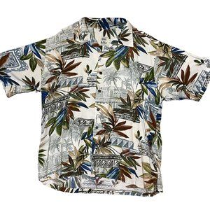 Pau Hana by Tori Richard Blue White Green Tropical Print Hawaiian Shirt L